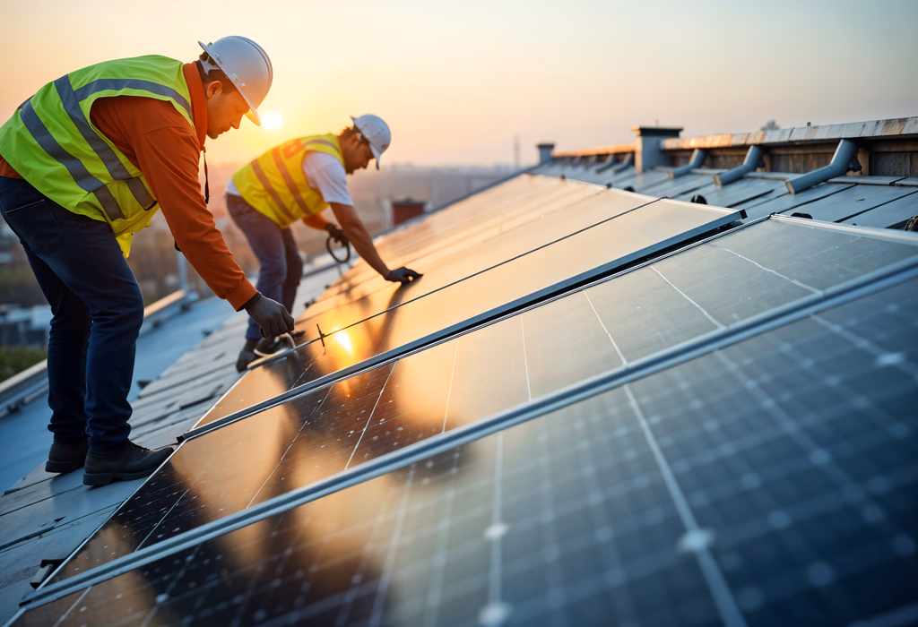 Two men fix solar